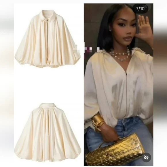 ZARA NWT Satin Bomber Jacket Puffed ZW Collection Cream Size M - Picture 15 of 16